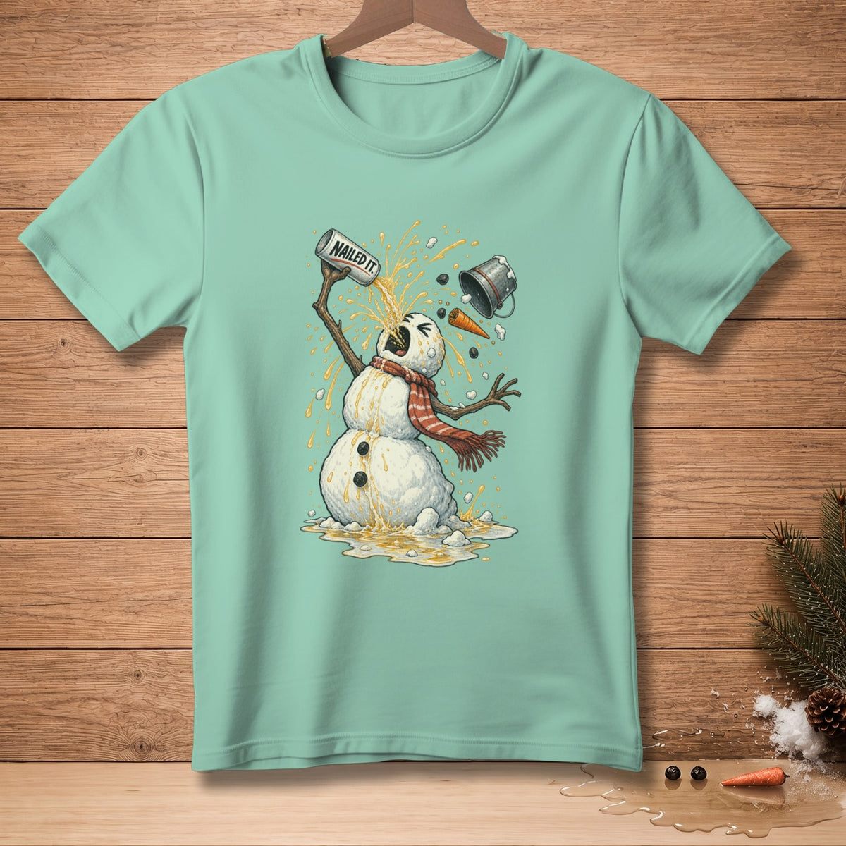 Snowman chugging from a can labeled "NAILED IT" with liquid splashing.