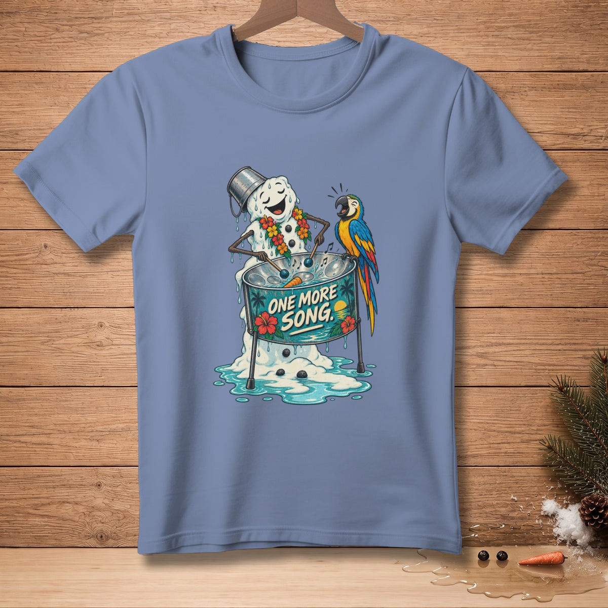 Melting snowman playing steel drum with parrot, text "ONE MORE SONG."