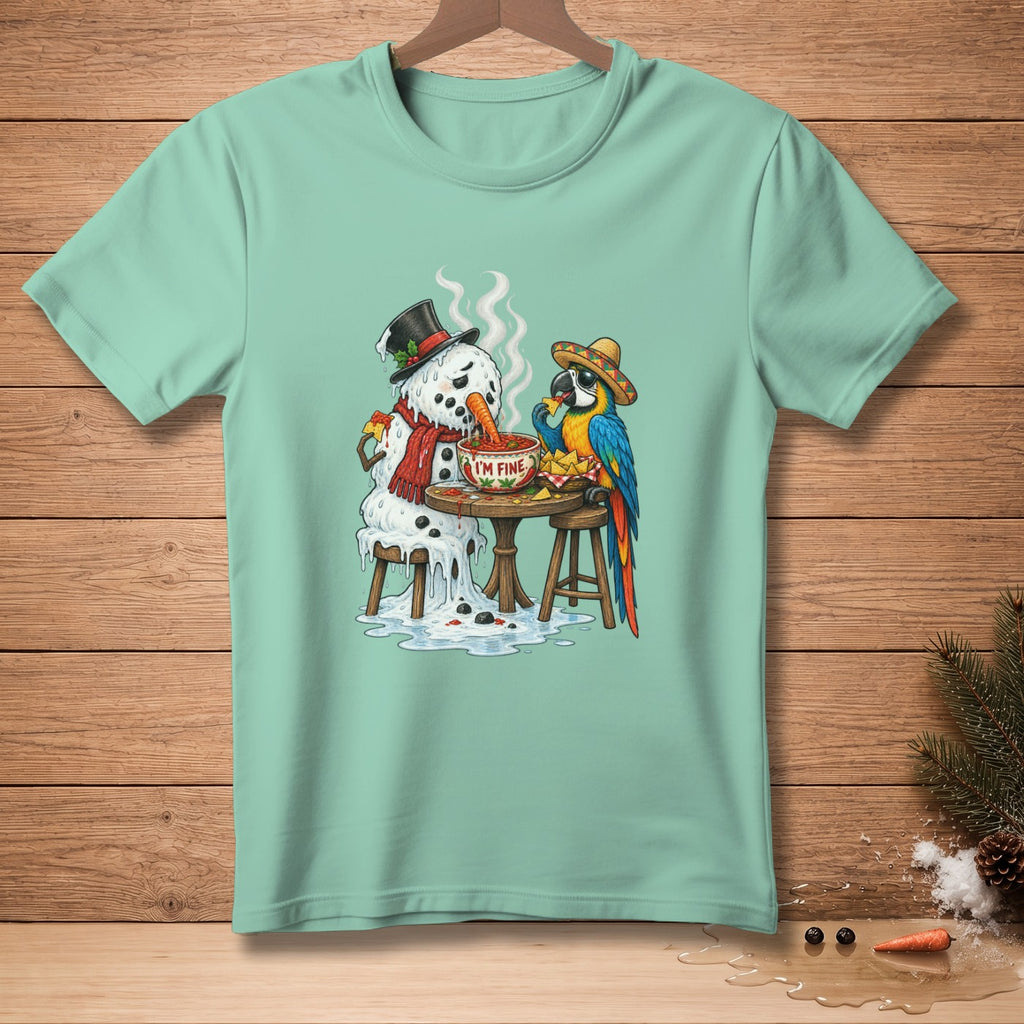 Melting snowman and parrot eating nachos with "I'm Fine" dip on mint green t-shirt.