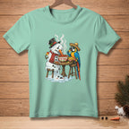 Melting snowman and parrot eating nachos with "I'm Fine" dip on mint green t-shirt.