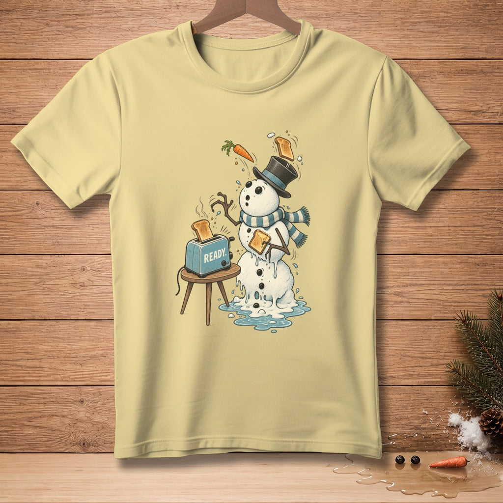 Melting snowman with toast popping from a toaster and the word "READY".