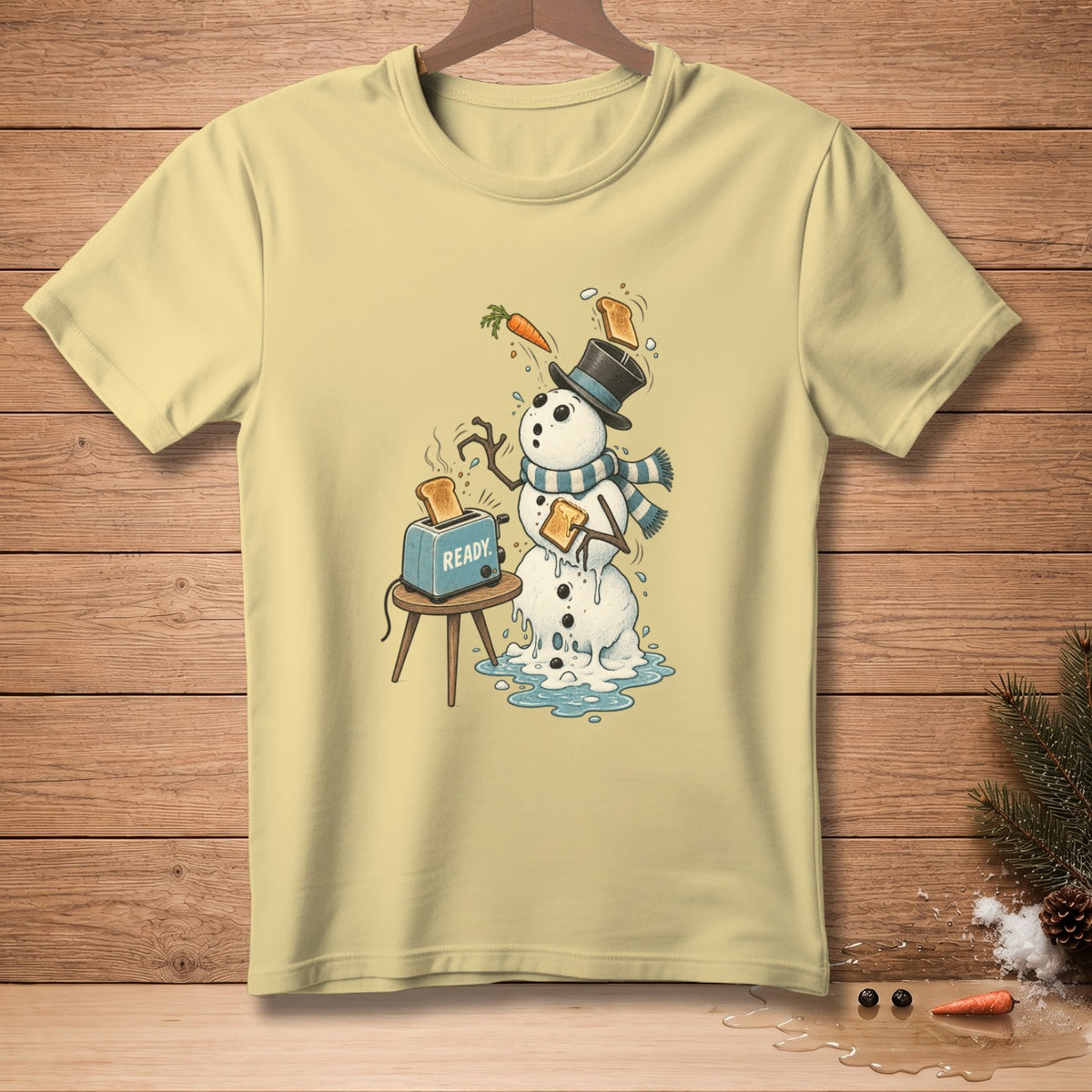 Melting snowman with toast popping from a toaster and the word "READY".