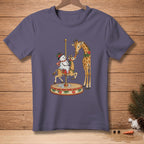 Snowman and giraffes on a carousel with a carrot in a Christmas scene.
