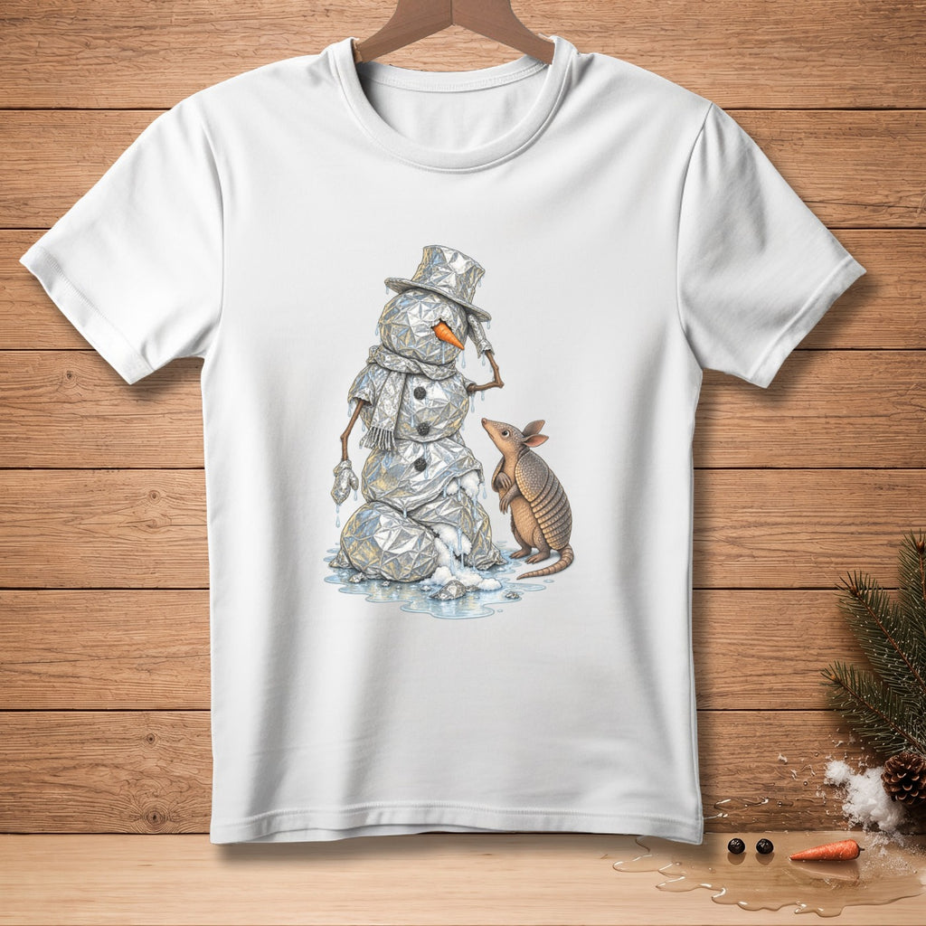 Snowman with hat and scarf melts next to armadillo.