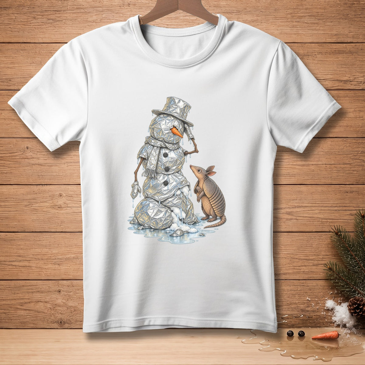 Snowman with hat and scarf melts next to armadillo.
