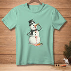 Mint t-shirt with a melting snowman wearing a top hat and scarf holding an ice cream cone.