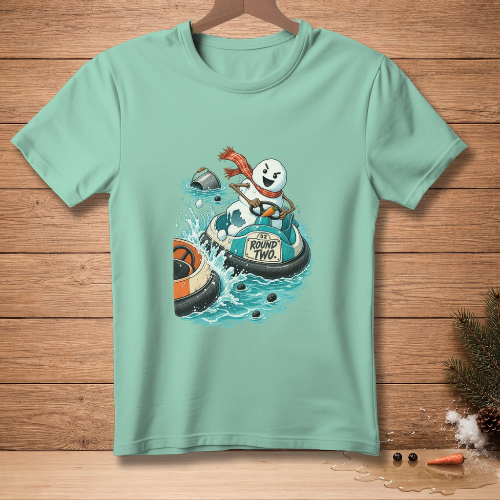 Snowman in bumper boat with text "ROUND TWO."