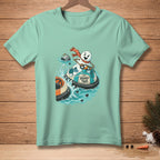 Snowman in bumper boat with text "ROUND TWO."