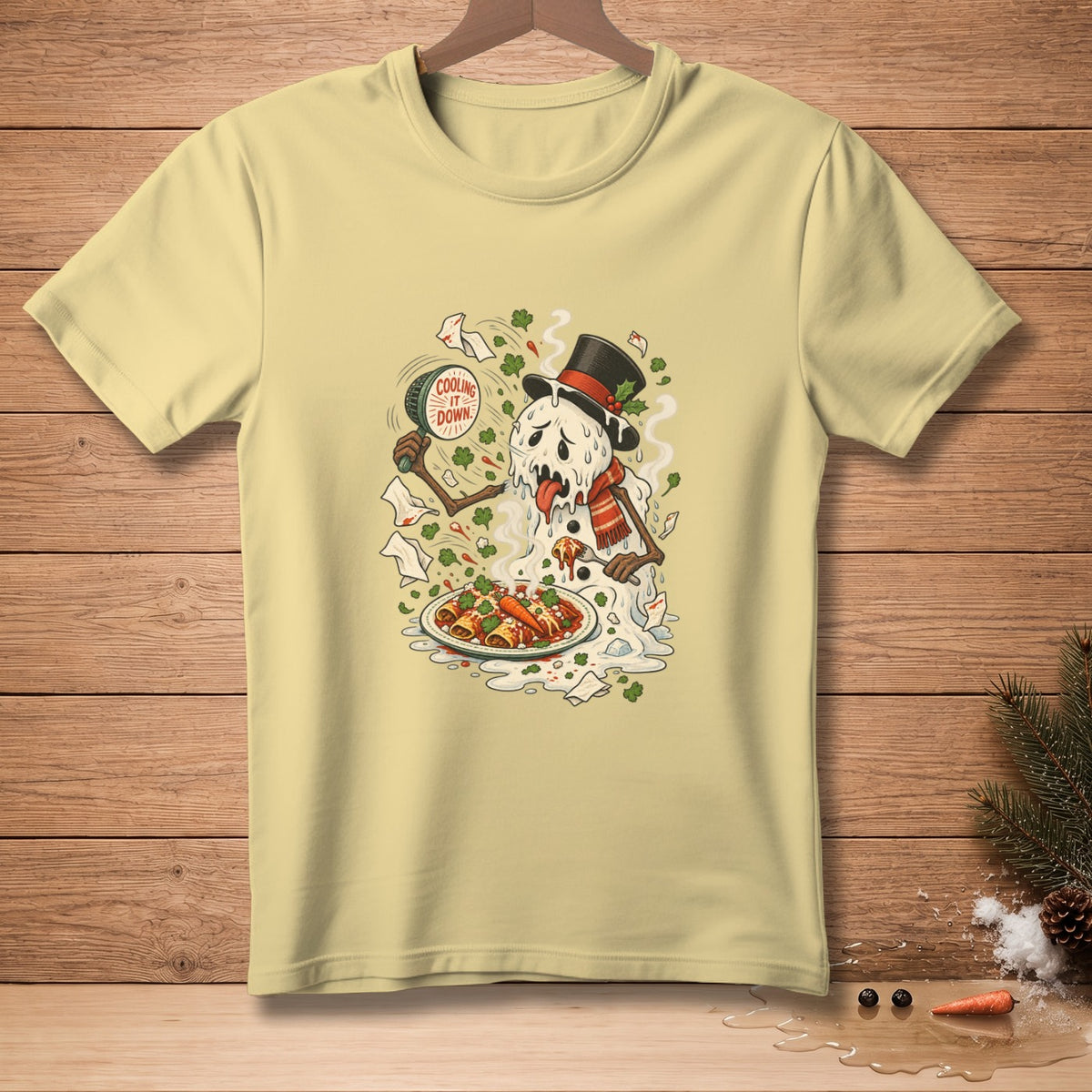 T-shirt with melting snowman in a top hat eating enchiladas.