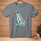 Snowman sliding down a water slide into a pool on a grey t-shirt.