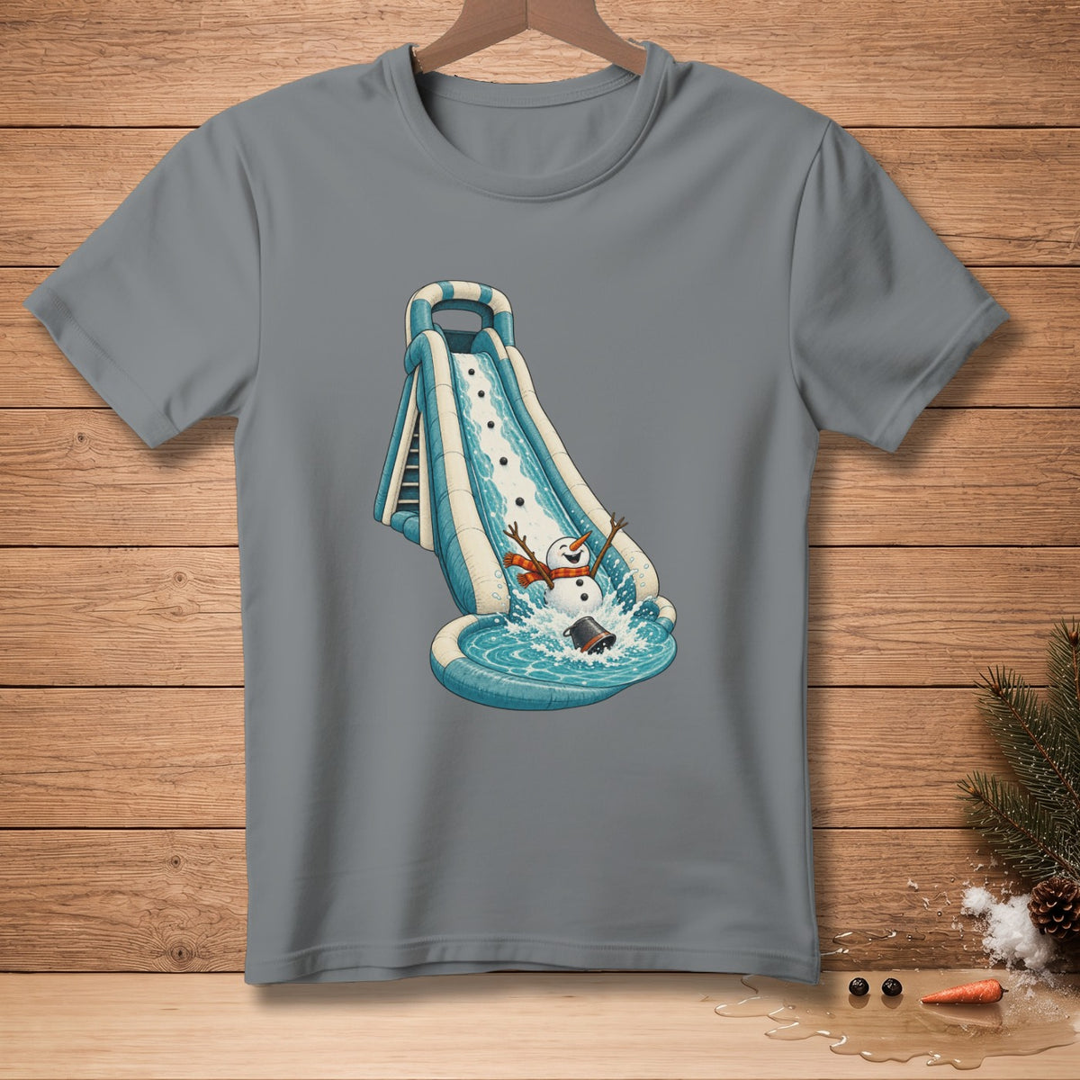 Snowman sliding down a water slide into a pool on a grey t-shirt.