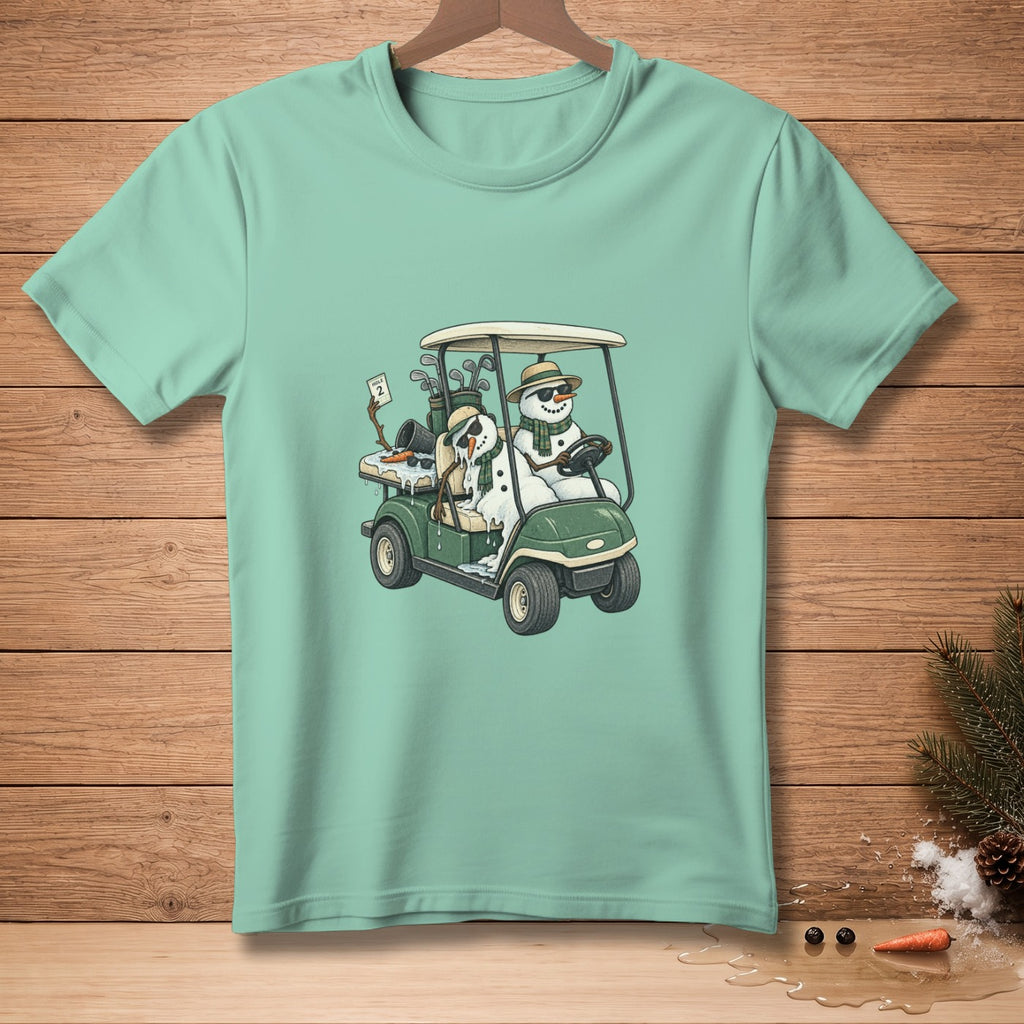 Two snowmen in sunglasses and scarves ride a golf cart with clubs and a "2" card.
