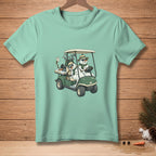 Two snowmen in sunglasses and scarves ride a golf cart with clubs and a "2" card.