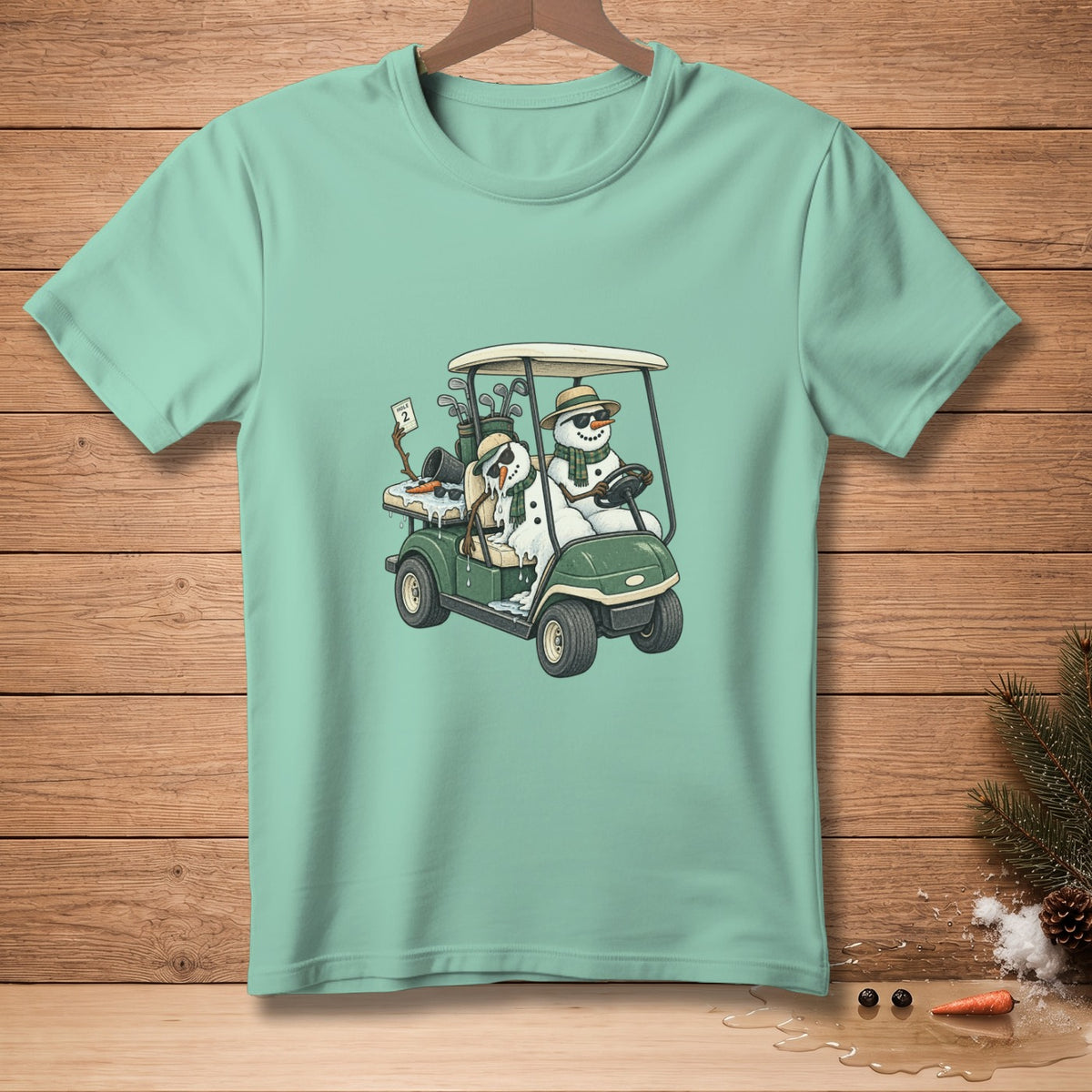 Two snowmen in sunglasses and scarves ride a golf cart with clubs and a "2" card.