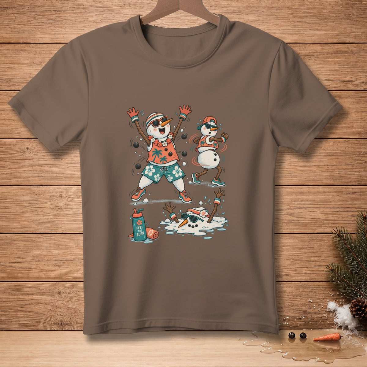 T-shirt graphic: melting snowmen in summer attire, one with sunscreen.