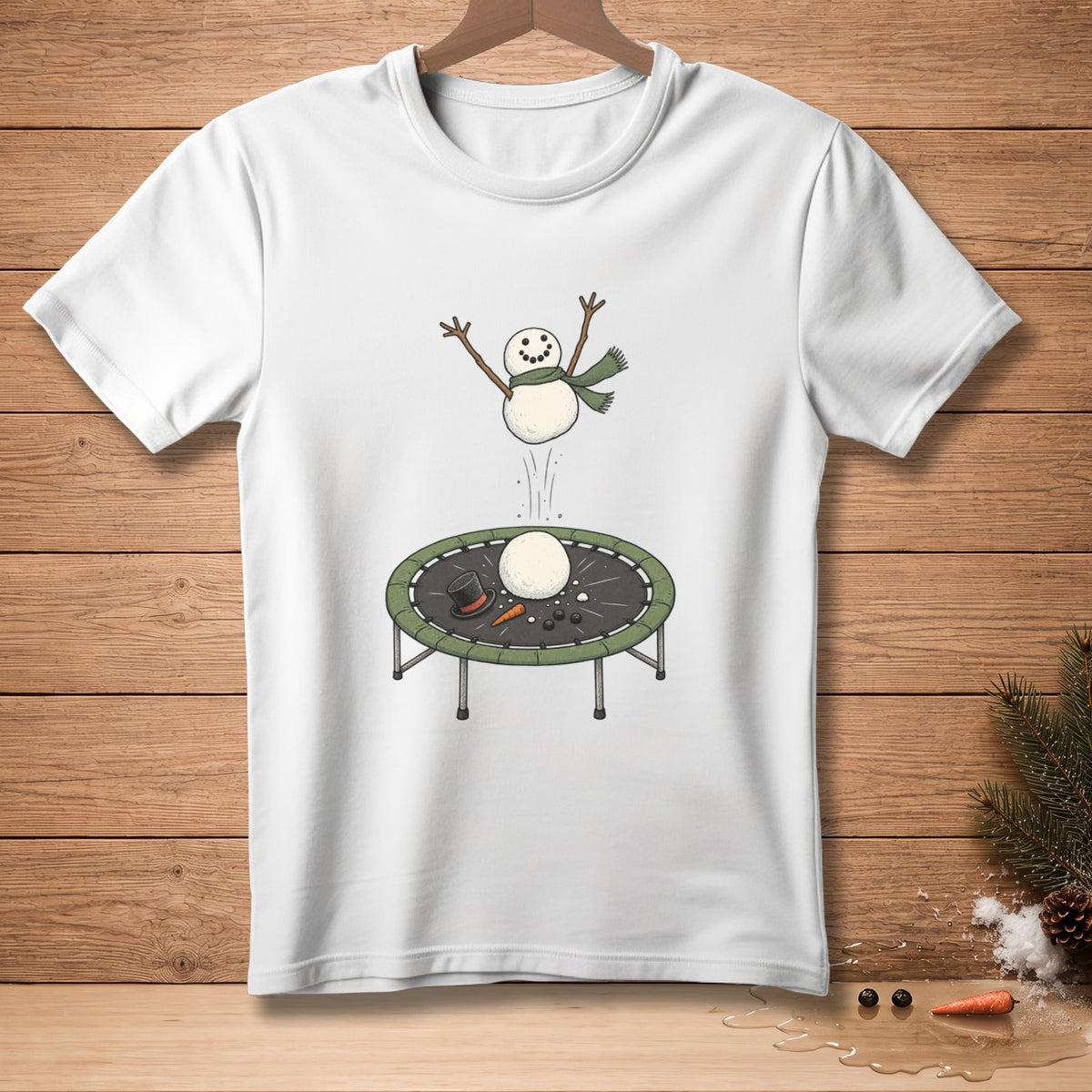 Snowman jumping on trampoline with carrot and hat.