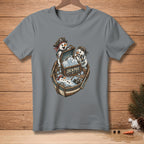Grey t-shirt featuring snowmen pirates in a boat filled with ice and the word "JACKPOT".
