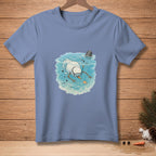 Snowman with goggles and snorkel diving underwater with fish and a bucket.
