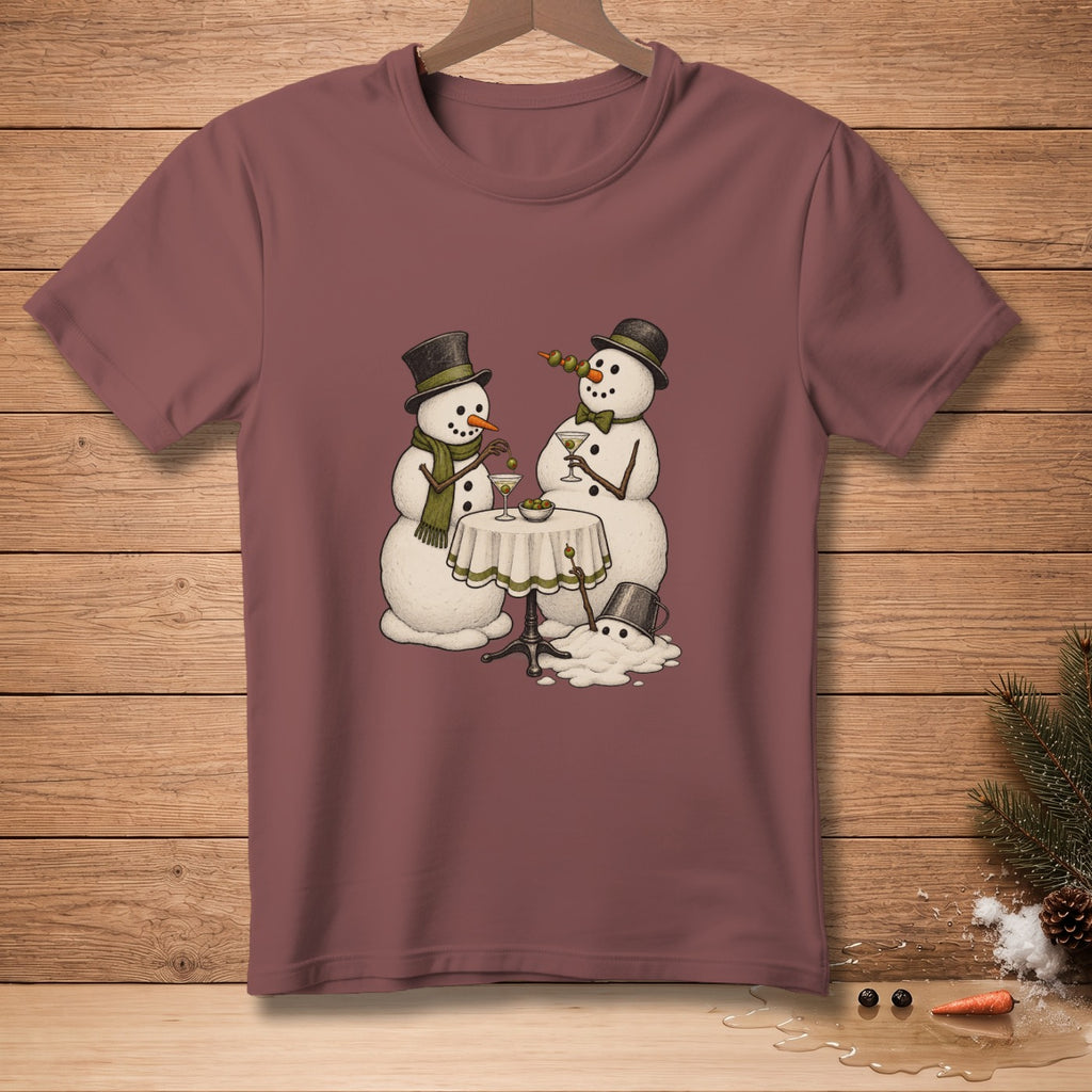 Two snowmen with top hats and martinis sit at a table, while another snowman melts.