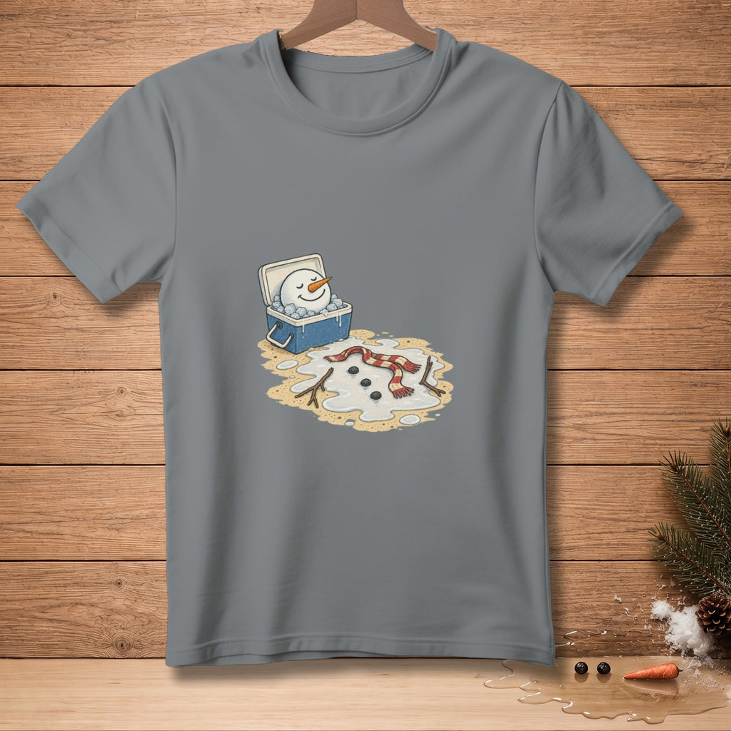 Melting snowman's head in a cooler on a grey t-shirt.