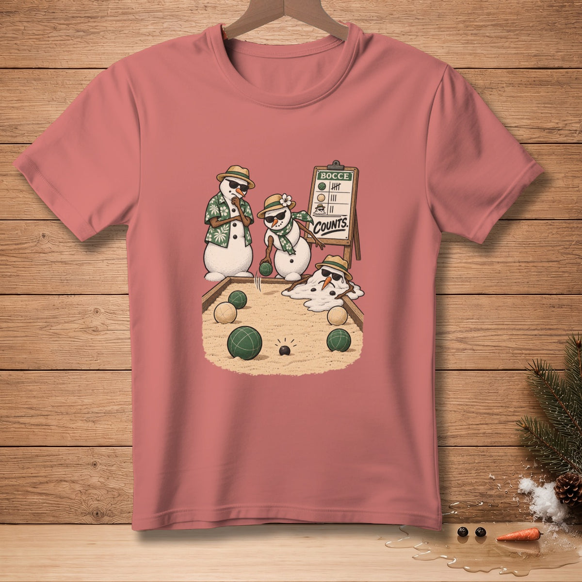 Snowmen playing bocce ball on a sandy court, with a score board reading "Bocce Counts."