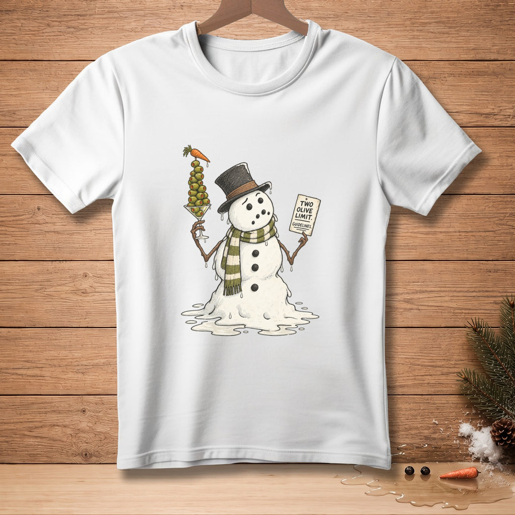 Melting snowman in hat and scarf holding olives and card reading "TWO OLIVE LIMIT. GUIDELINES."