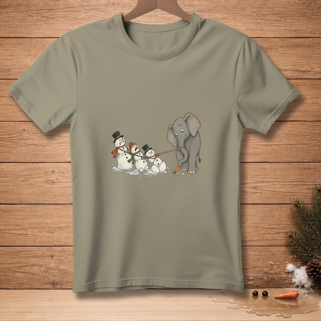 Elephant pulling snowmen with a rope on a light grey t-shirt.