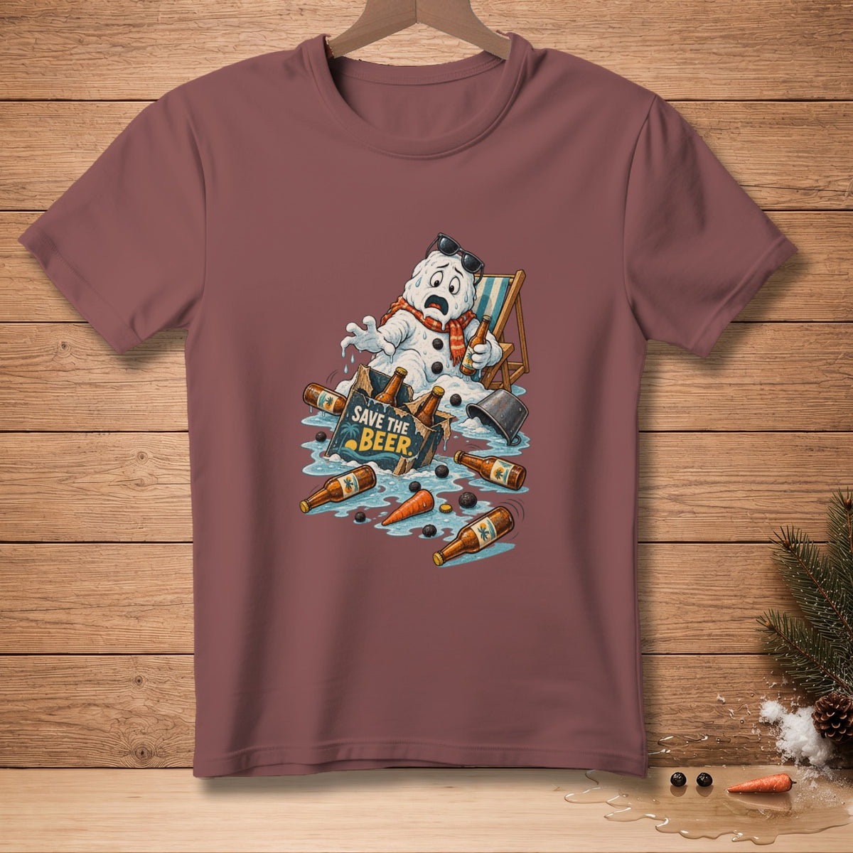 Melting snowman in a beach chair with beer bottles and "Save the Beer" sign.