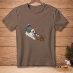 Brown t-shirt with a snowman being pulled by a dachshund with a sign that says "Who's Walking Who?".