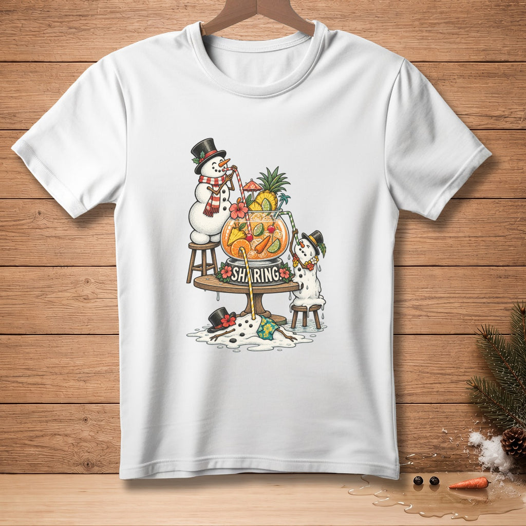 Snowmen share a tropical drink with melting snowman and text "SHARING".