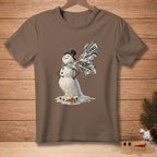 Melting snowman with top hat and "SCIENCE" cape on brown t-shirt.