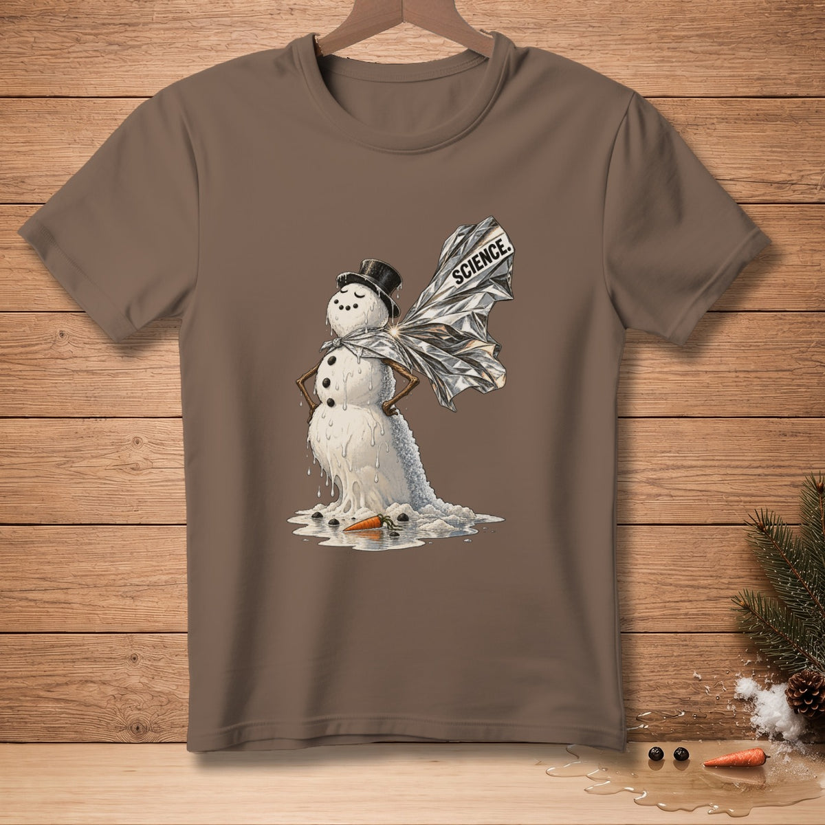Melting snowman with top hat and "SCIENCE" cape on brown t-shirt.
