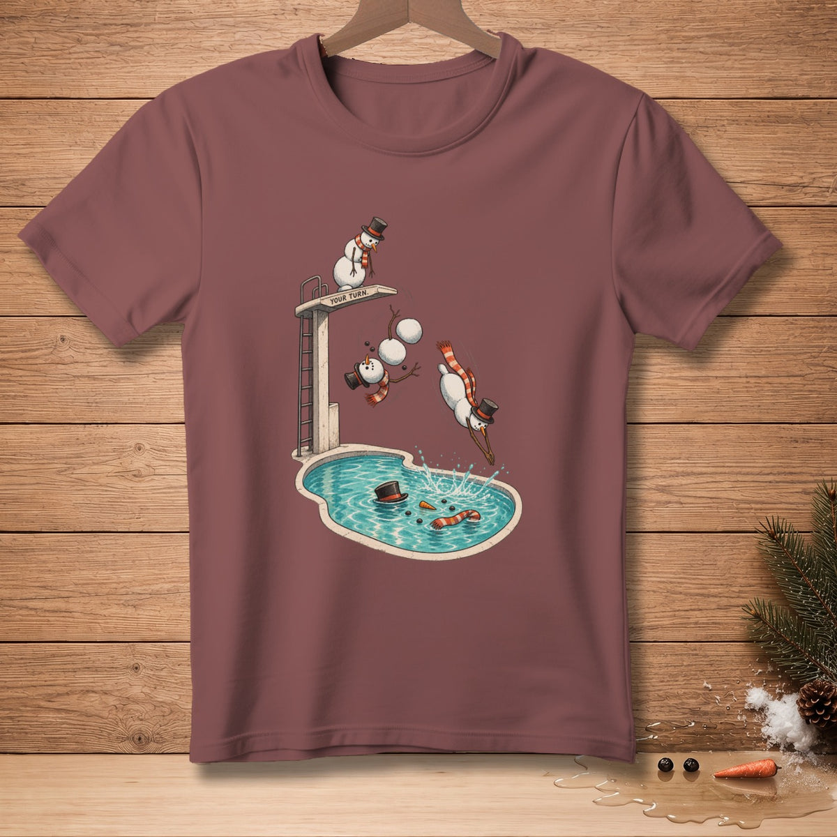 Snowmen diving into a pool from a diving board with text "YOUR TURN."