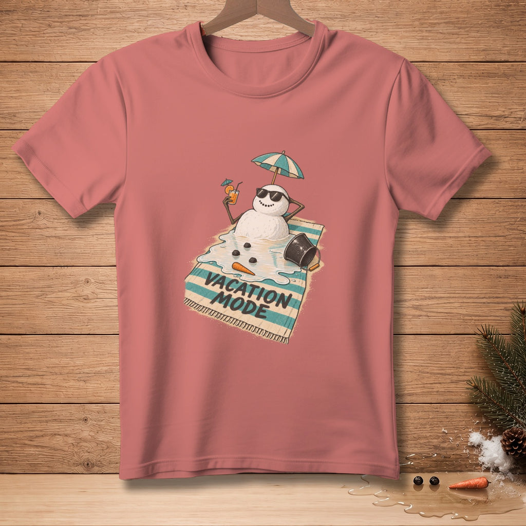 T-shirt with melting snowman on beach towel, text reads "Vacation Mode."
