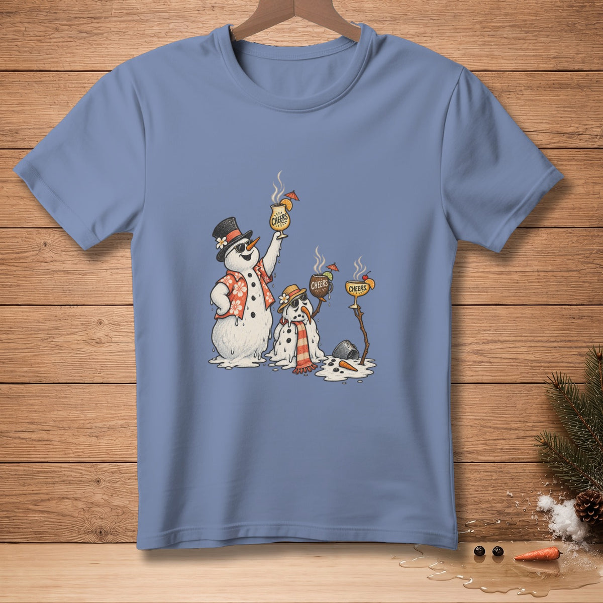 Three melting snowmen in Hawaiian shirts and hats holding cocktails with "Cheers" text.