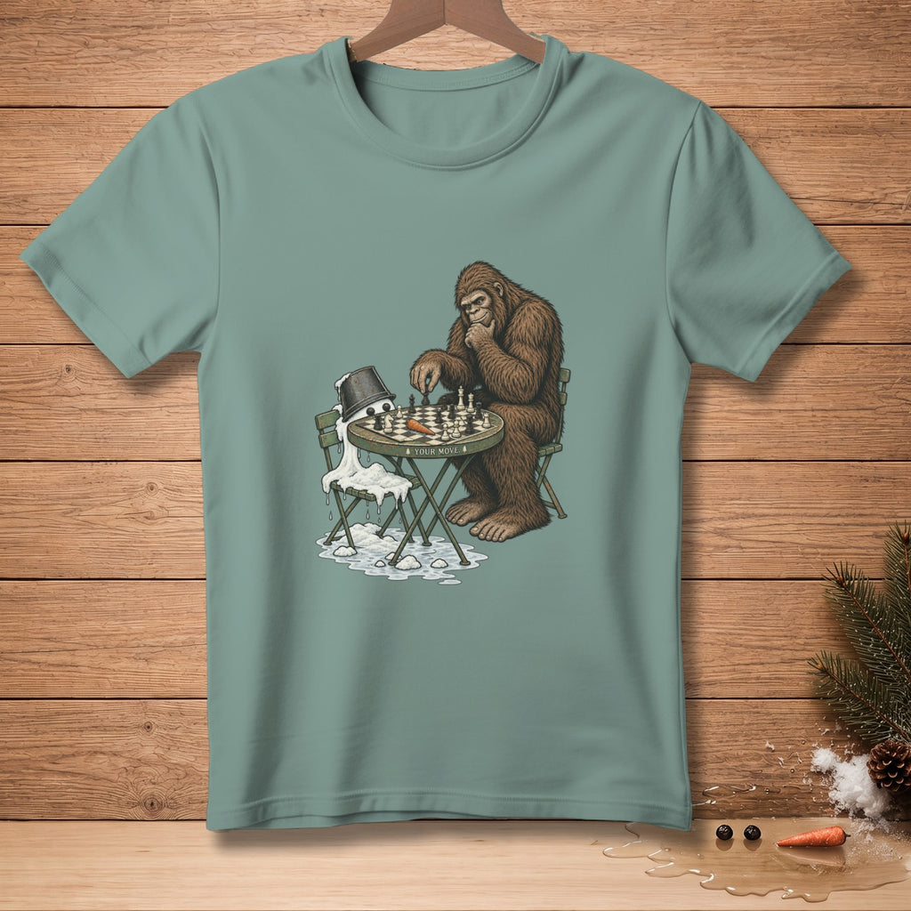 Bigfoot plays chess against a snowman with "YOUR MOVE" text.