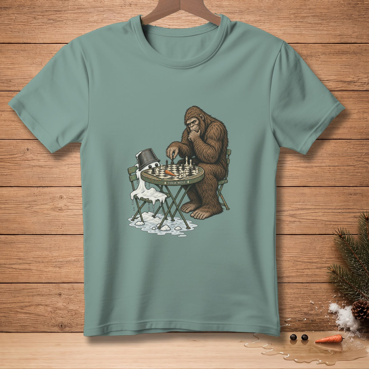 Bigfoot plays chess against a snowman with "YOUR MOVE" text.