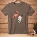 Flamingo and upside-down snowman graphic on a brown t-shirt.