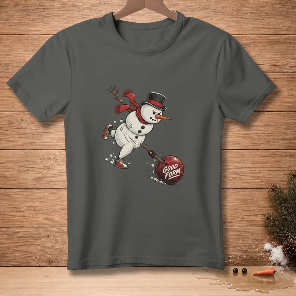 Snowman in a top hat and scarf bowling a ball with text "GOOD FORM".