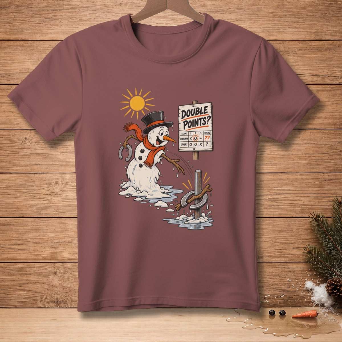 Snowman playing horseshoes with a scoreboard reading "Double Points?".