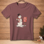 T-shirt with melting snowman holding drink, next to a sign saying "Free Refills".