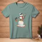 Melting snowman with spray tan, scarf, sunglasses, and a mirror.