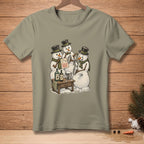 Three snowmen in top hats make cocktails from a recipe on a small table.