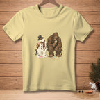 Snowman and Bigfoot sit on a bench eating melting ice cream cones.