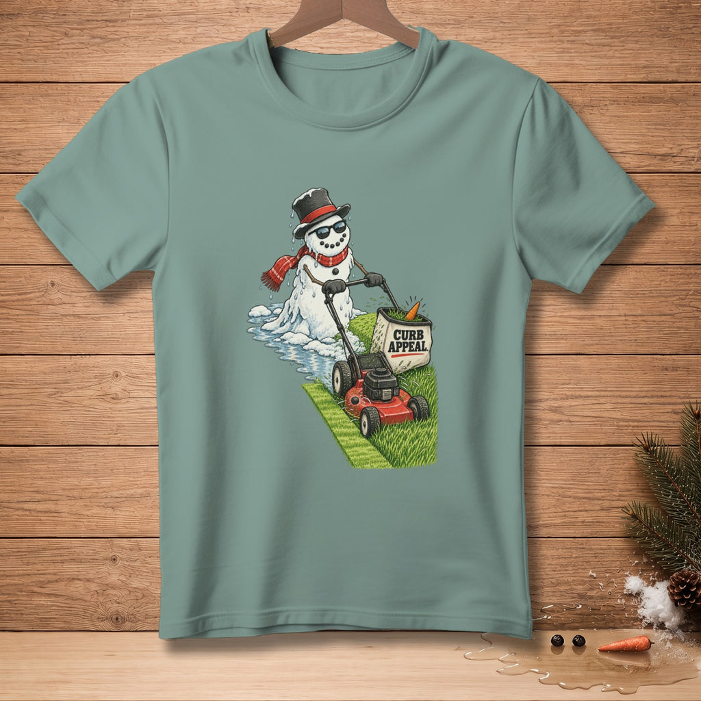 Snowman with sunglasses and scarf mowing lawn, with "CURB APPEAL" bin.