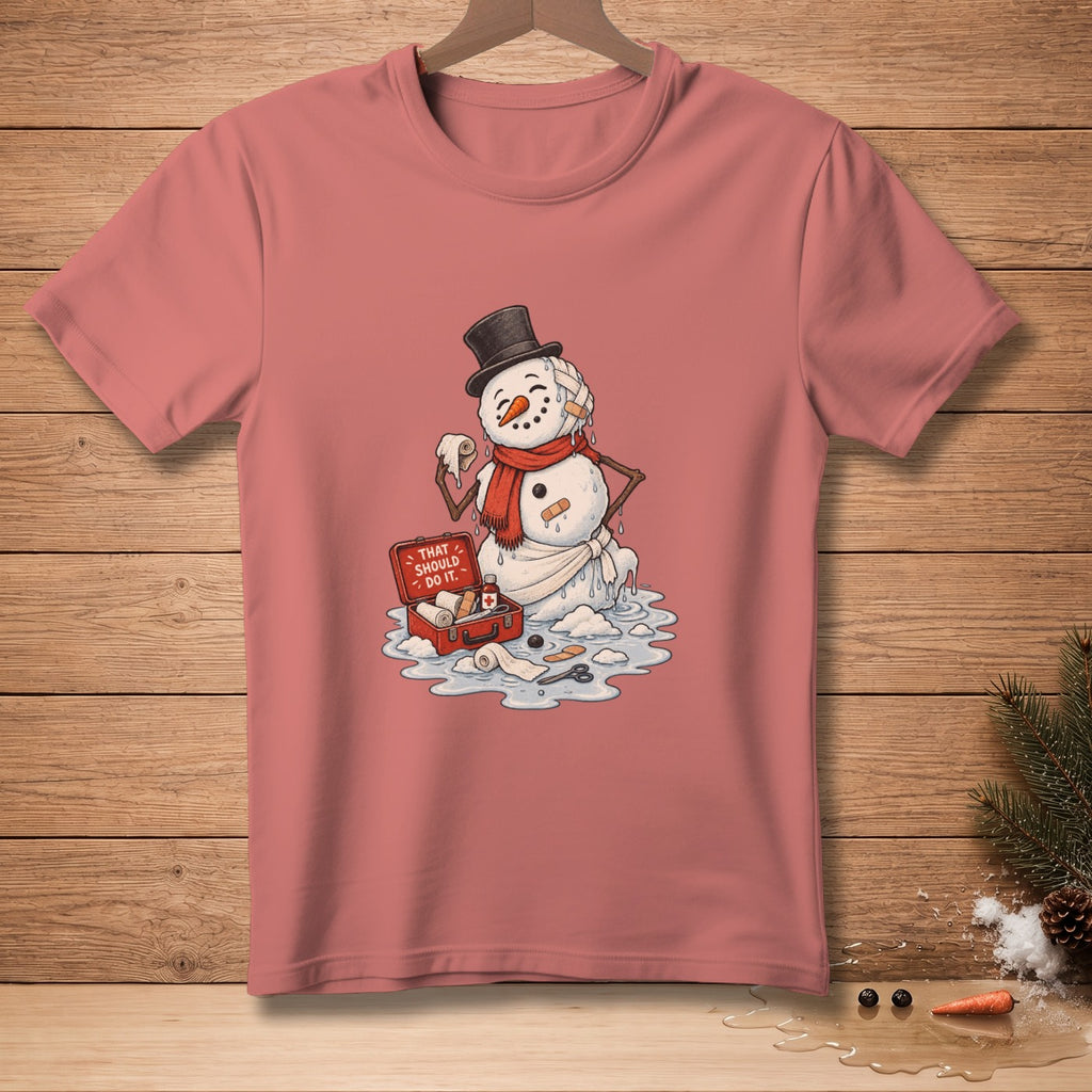 Melting snowman with bandages and first aid kit that says "That Should Do It."