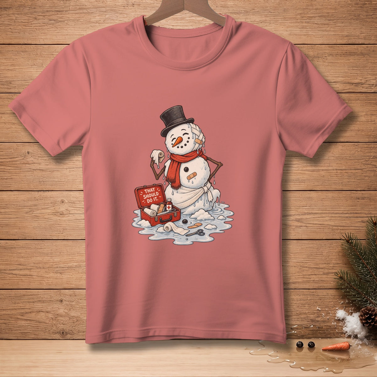 Melting snowman with bandages and first aid kit that says "That Should Do It."
