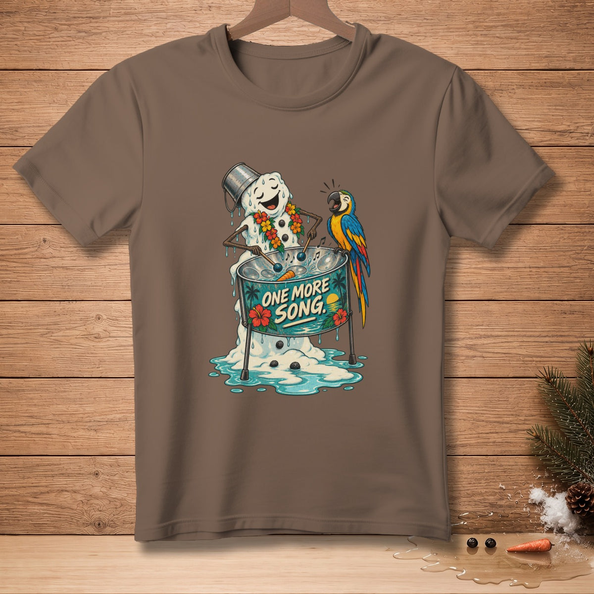 Melting snowman with bucket hat plays steel drum with parrot, text "ONE MORE SONG".