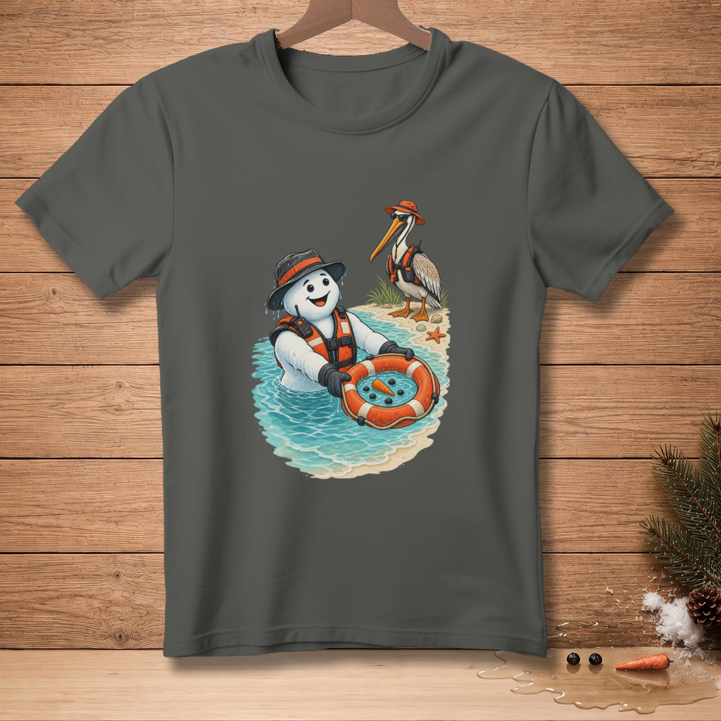 Snowman in water with life preserver, pelican on beach, on grey t-shirt.