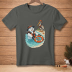 Snowman in water with life preserver, pelican on beach, on grey t-shirt.